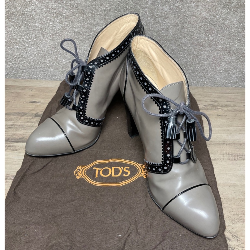 Tod's Gray Leather Lace-Up Heeled Ankle Booties Size 38 EU / US 7.5-8